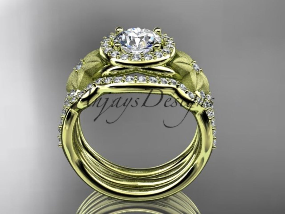 14K White Gold Floral Bridal Ring with Double Matching Bands