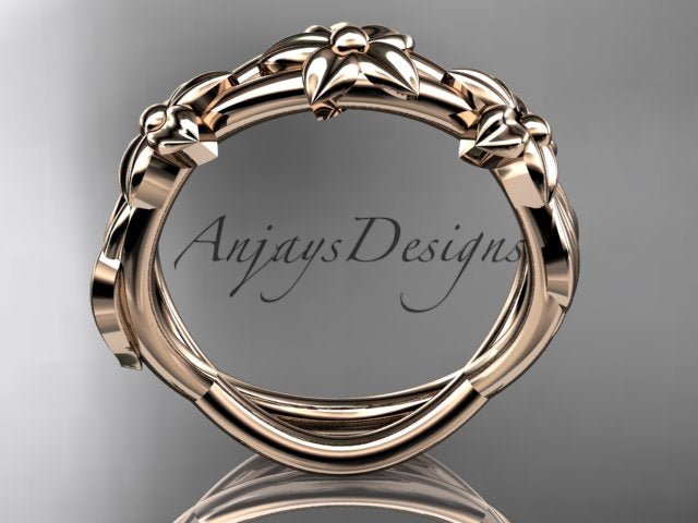 Flower Wedding Band 14k Gold Art Nouveau Unique Floral Wedding Ring - AnjaysDesigns