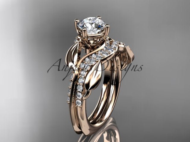 Front perspective of 14K rose gold diamond leaf wedding ring and engagement set ADLR225S