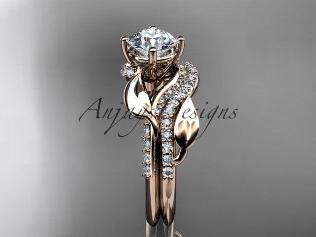 Side angle showing 1.0ct Charles & Colvard Forever One Moissanite prong setting and leaf details