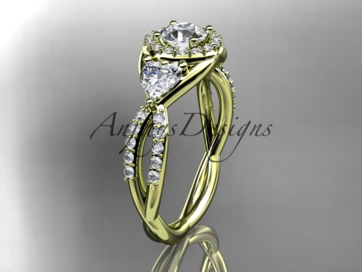 White gold engagement ring with heart-shaped accent stones