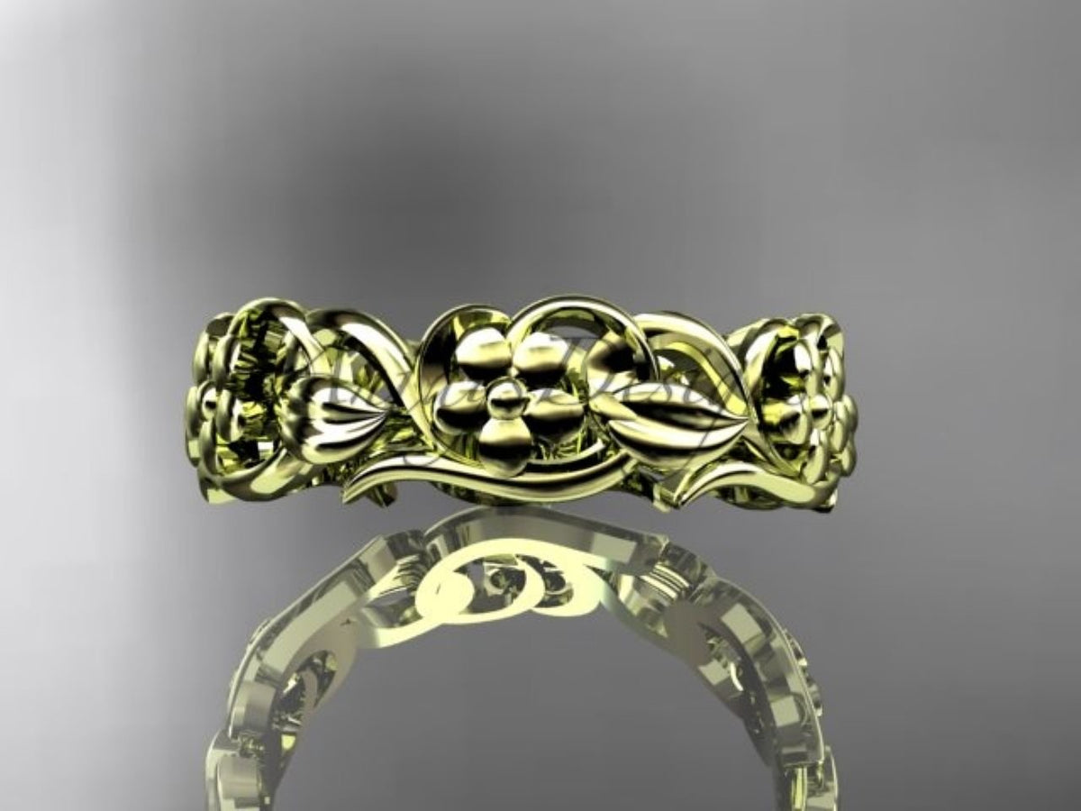 14K Gold Art Deco Floral Ring with Openwork Flower Design - AnjaysDesigns