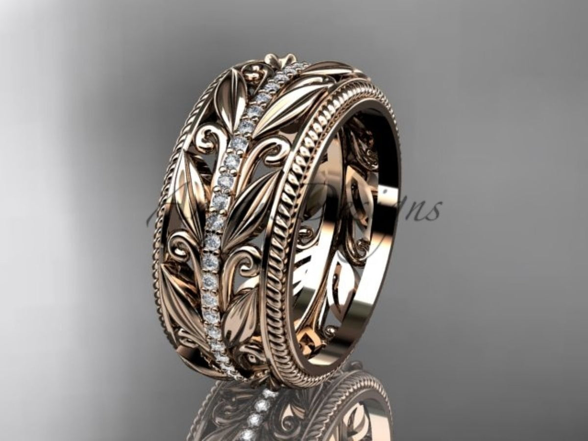 Unique 10mm Nature Inspired Wedding Band Lab Grown Diamond Wide Leaf Ring - AnjaysDesigns