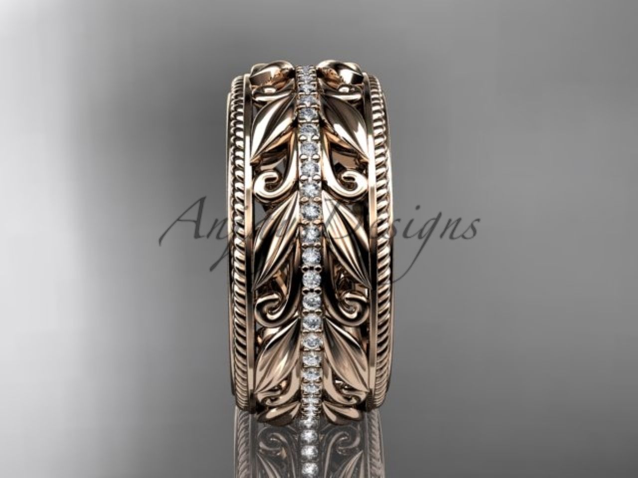 Unique 10mm Nature Inspired Wedding Band Lab Grown Diamond Wide Leaf Ring