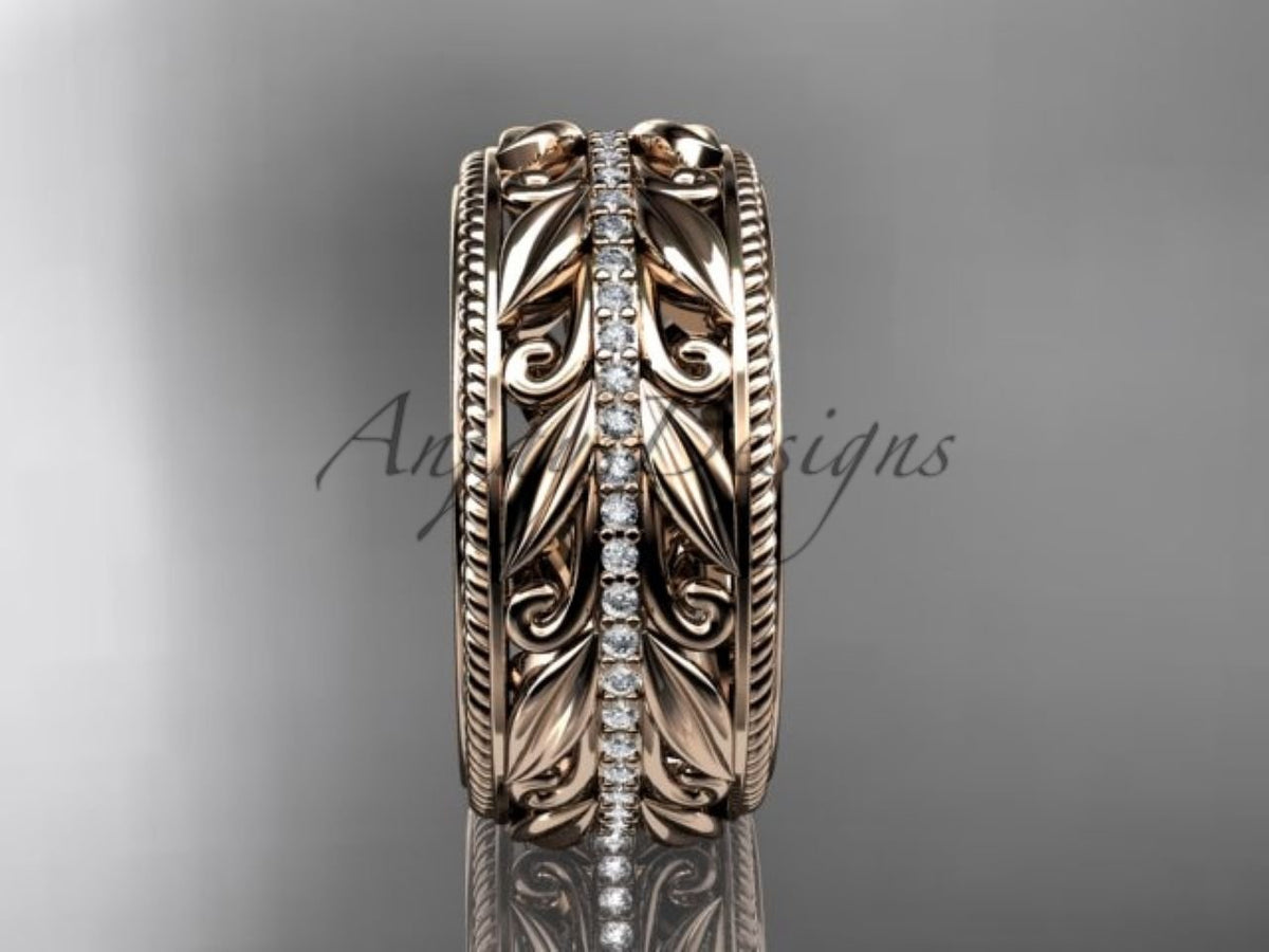 Unique 10mm Nature Inspired Wedding Band Lab Grown Diamond Wide Leaf Ring - AnjaysDesigns