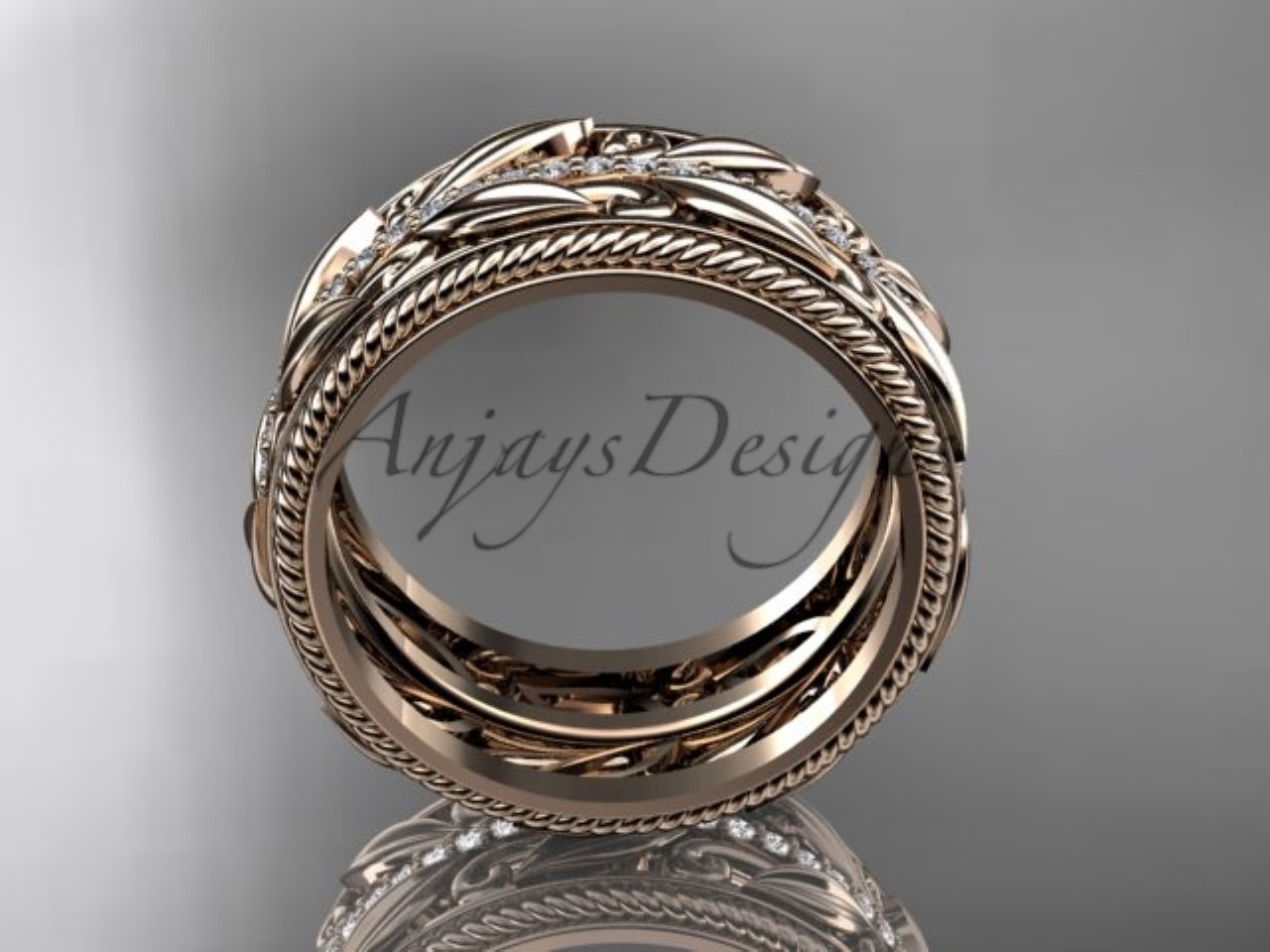 Unique 10mm Nature Inspired Wedding Band Lab Grown Diamond Wide Leaf Ring