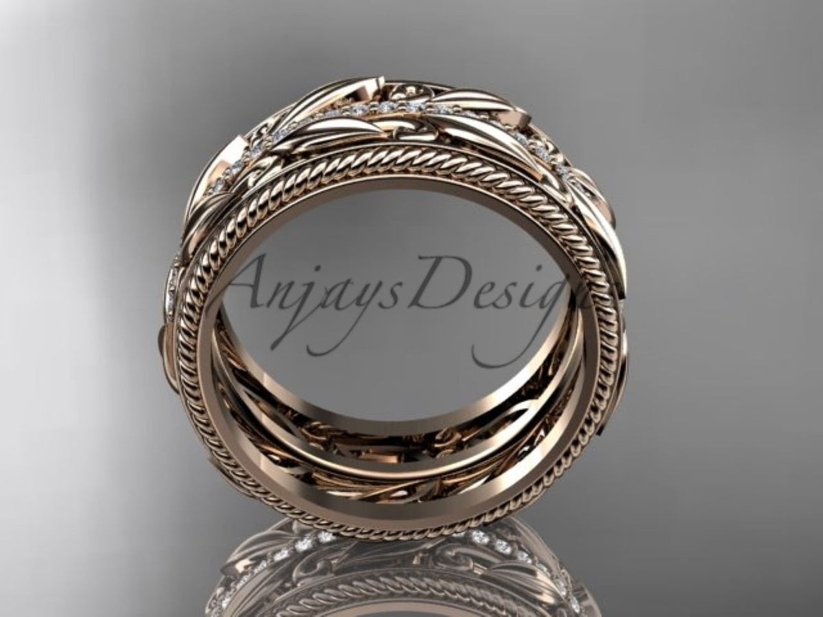 Unique 10mm Nature Inspired Wedding Band Lab Grown Diamond Wide Leaf Ring - AnjaysDesigns