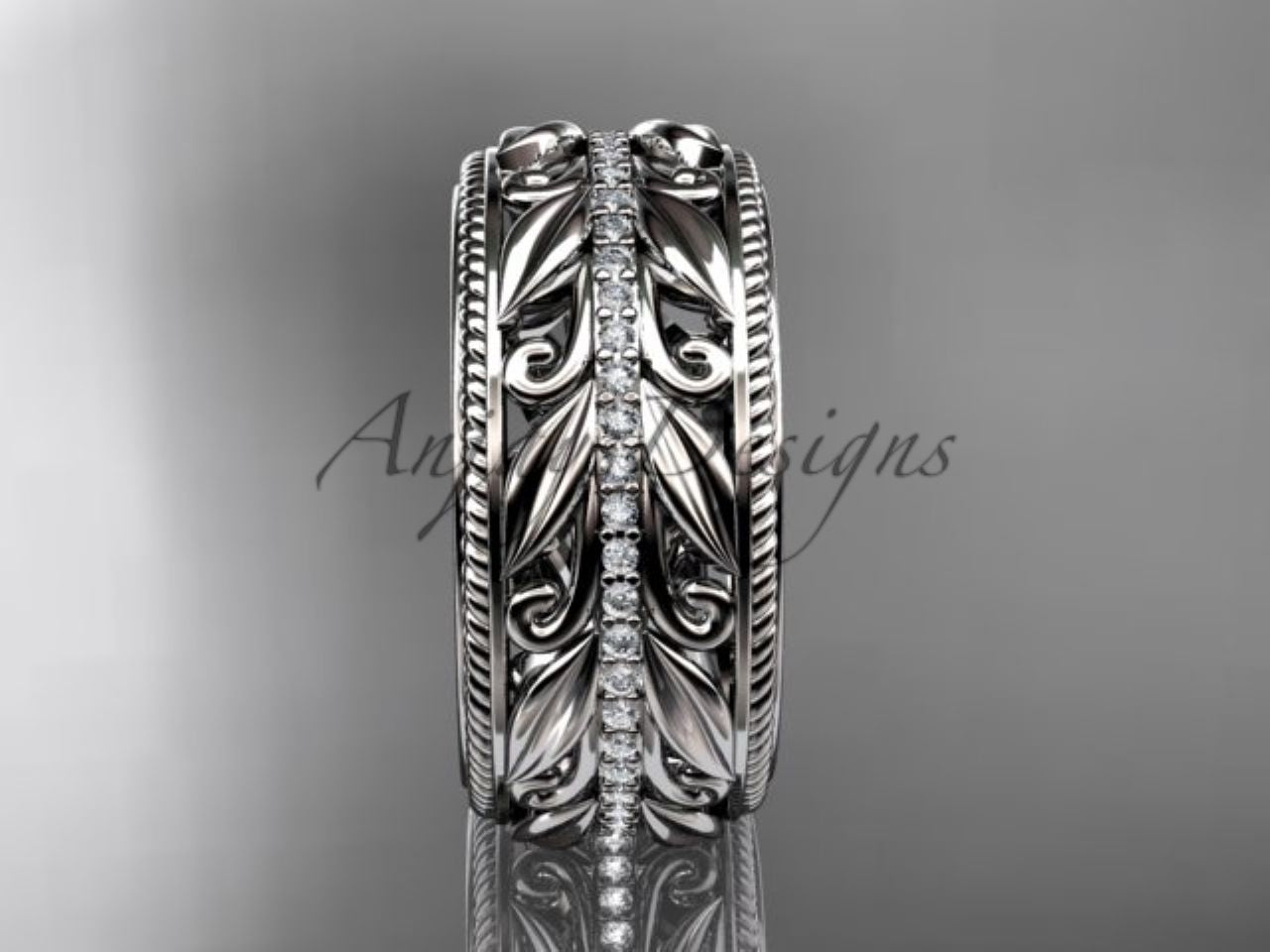 Unique 10mm Nature Inspired Wedding Band Lab Grown Diamond Wide Leaf Ring