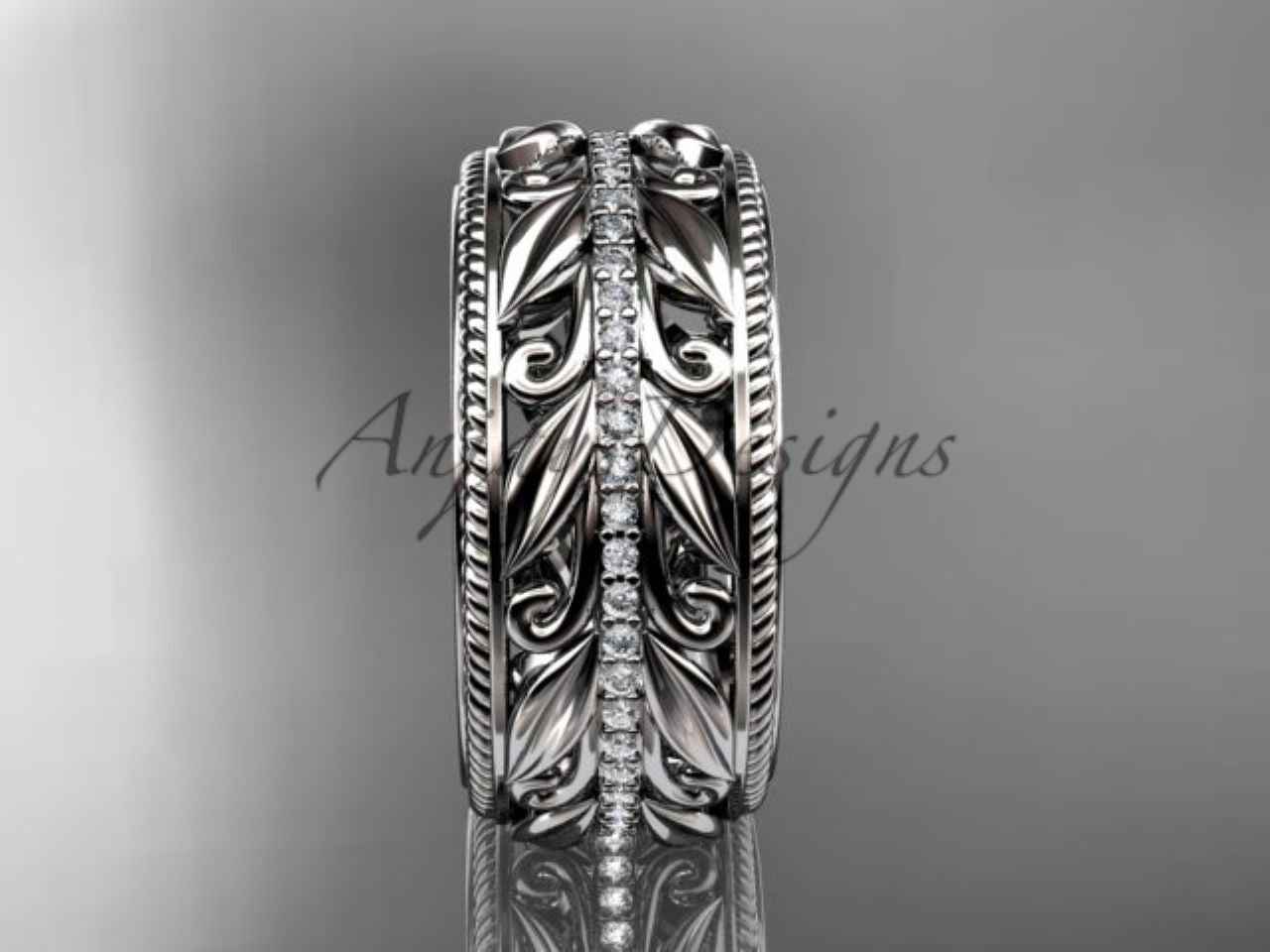 Unique 10mm Nature Inspired Wedding Band Lab Grown Diamond Wide Leaf Ring