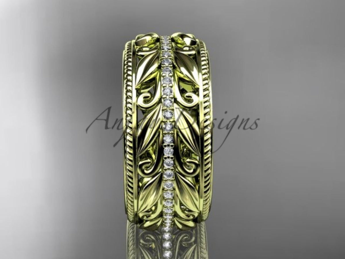 Unique 10mm Nature Inspired Wedding Band Lab Grown Diamond Wide Leaf Ring - AnjaysDesigns