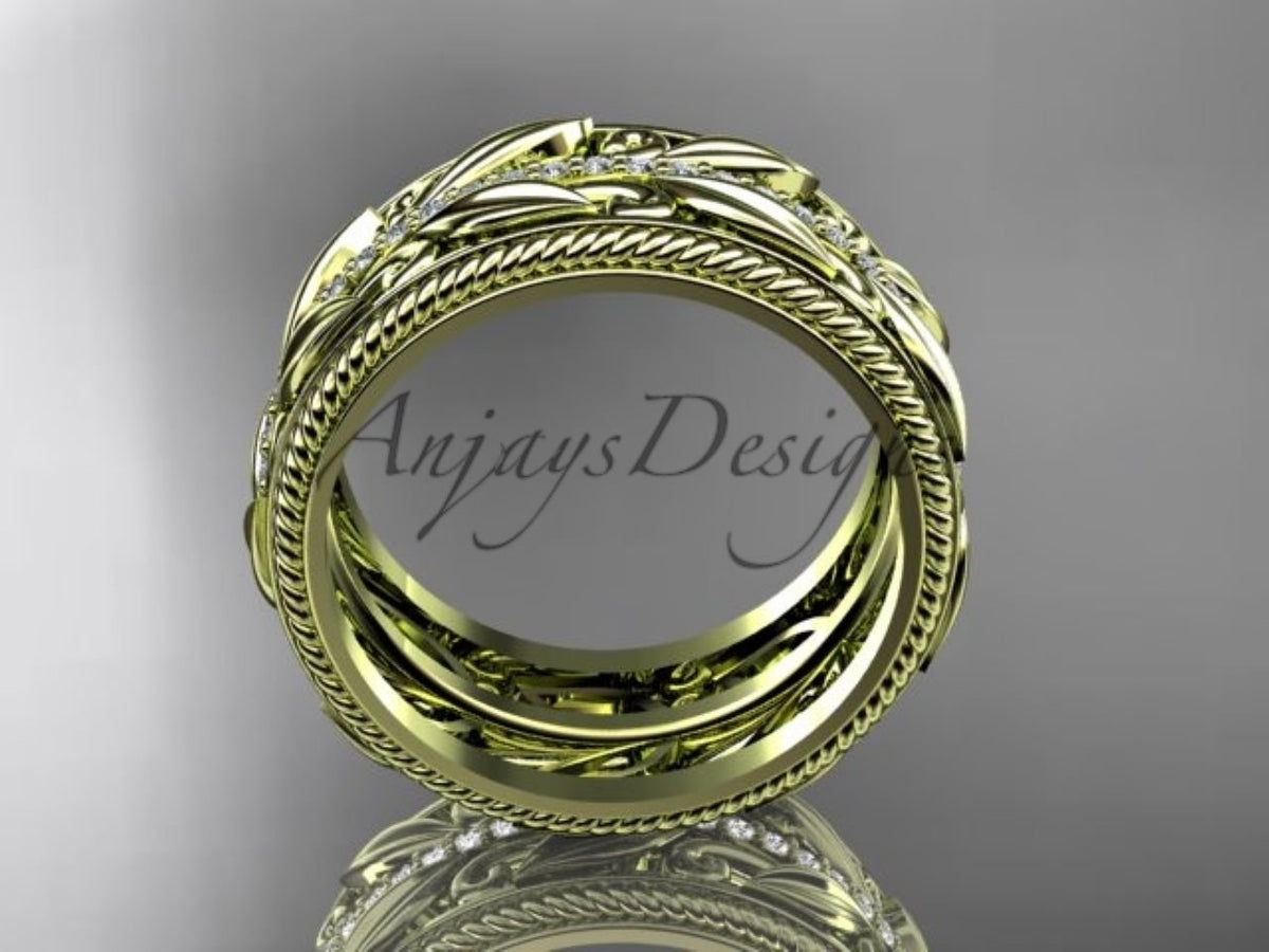 Unique 10mm Nature Inspired Wedding Band Lab Grown Diamond Wide Leaf Ring - AnjaysDesigns