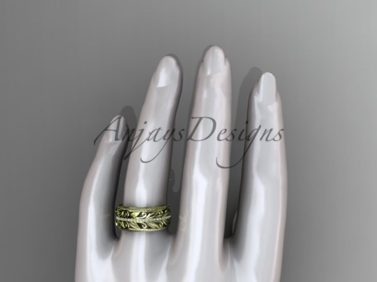Unique 10mm Nature Inspired Wedding Band Lab Grown Diamond Wide Leaf Ring - AnjaysDesigns