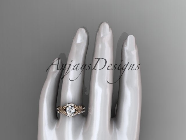 Close up of lily flower engagement ring set with 1 carat lab grown diamond in 14k rose gold