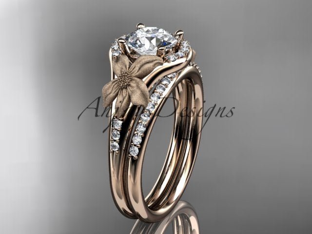 Lily flower engagement ring set with 1 carat IGI certified lab grown diamond in 14k rose gold