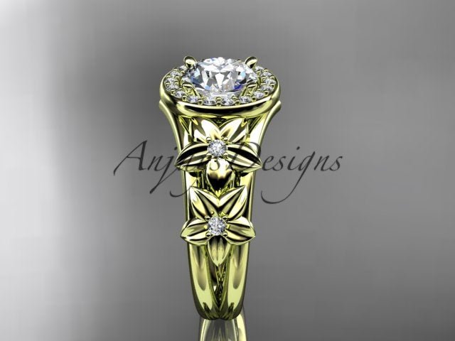 Floral halo engagement ring with 1 carat round lab grown diamond in 14k yellow gold