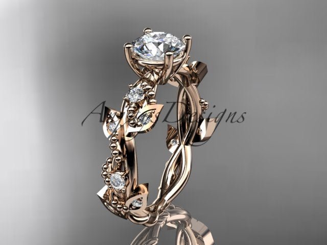 Nature inspired engagement ring with 1 carat round brilliant CVD lab grown diamond in 14k rose gold