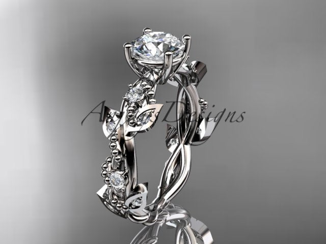 Nature inspired engagement ring with 1 carat round brilliant CVD lab grown diamond in 14k white gold