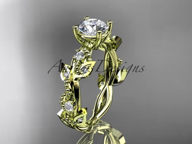 Nature inspired engagement ring with 1 carat round brilliant CVD lab grown diamond in 14k yellow gold