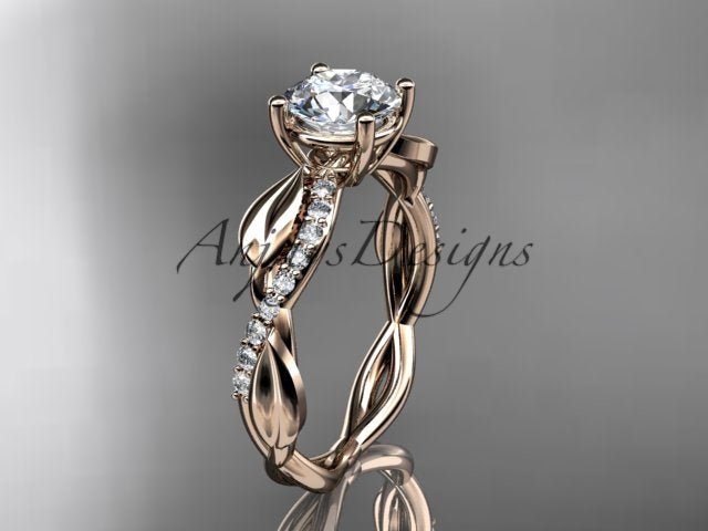 Nature inspired engagement ring with 1 carat round D VS1 lab grown diamond and leaf design in 14k rose gold