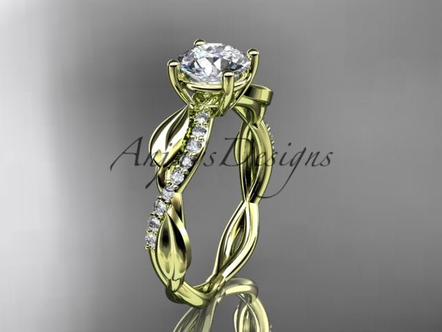 Nature inspired engagement ring with 1 carat round D VS1 lab grown diamond and leaf design in 14k yellow gold