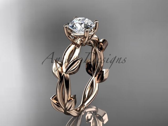 Nature inspired engagement ring with 1 carat round IGI certified lab grown diamond and leaf design in 14k rose gold