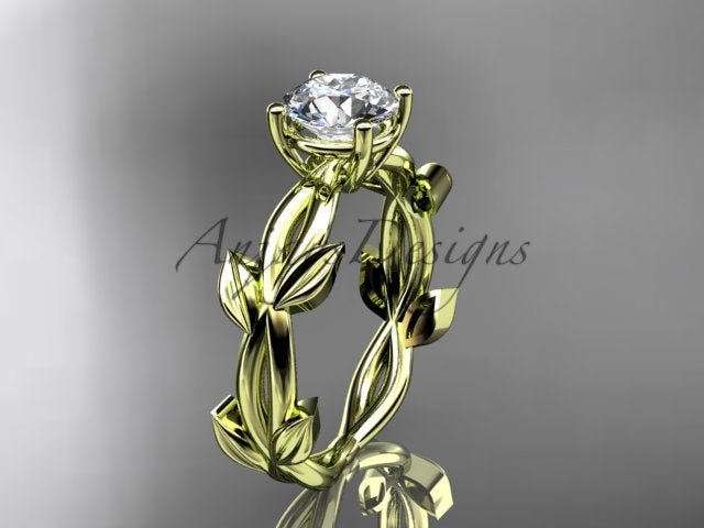 Nature inspired engagement ring with 1 carat round IGI certified lab grown diamond and leaf design in 14k yellow gold