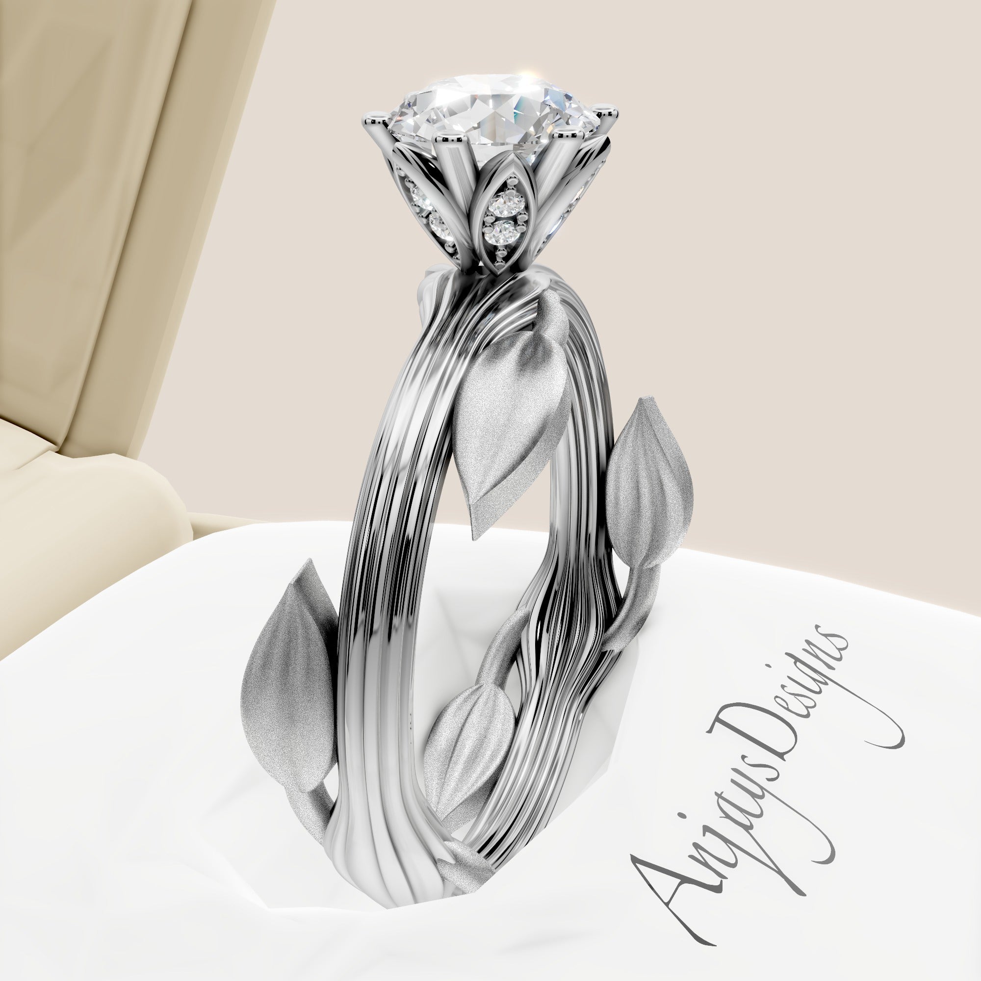 Nature Inspired Dainty Engagement Ring 1 Carat Round Lab Grown Diamond D VS1 IGI Certified