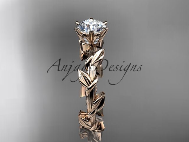 1 Carat Round Lab Grown Diamond Leaf and Vine Engagement Ring Unique Nature Inspired Diamond Ring - AnjaysDesigns