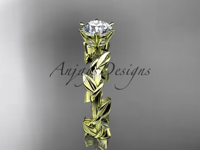 1 Carat Round Lab Grown Diamond Leaf and Vine Engagement Ring Unique Nature Inspired Diamond Ring - AnjaysDesigns