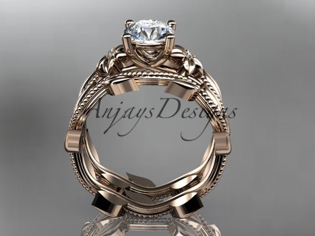 1 Carat Round Lab Grown Bridal Set Nature Inspired Engagement Ring Flower Ring Set IGI Certified - AnjaysDesigns