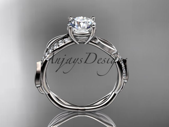 Nature inspired leaf engagement ring with round lab grown diamond in 14k white gold