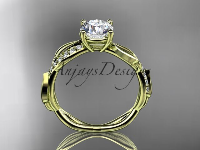 Nature inspired leaf engagement ring with round lab grown diamond in 14k yellow gold