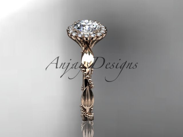 Nature inspired leaf proposal ring with 1 carat round lab grown diamond in 14k rose gold