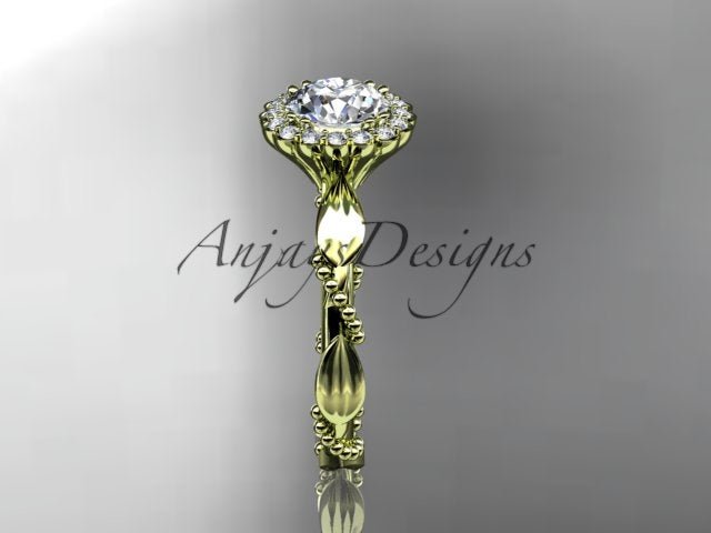 Nature inspired leaf proposal ring with 1 carat round lab grown diamond in 14k yellow gold