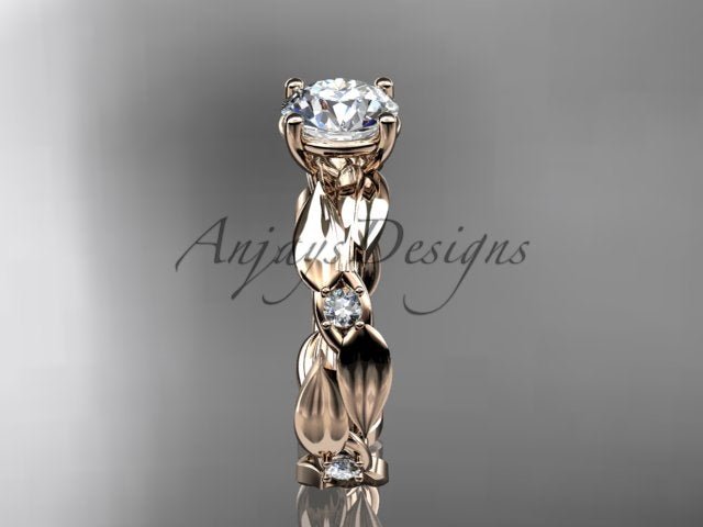 Nature inspired leaf and vine engagement ring with round lab grown diamond in 14k rose gold