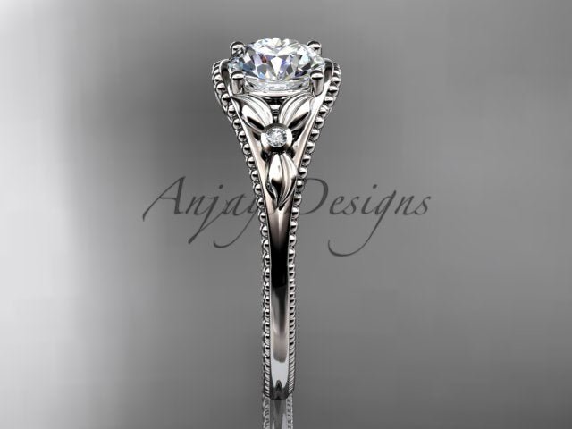 Nature inspired leaf and vine engagement ring with round lab grown diamond in 14k white gold