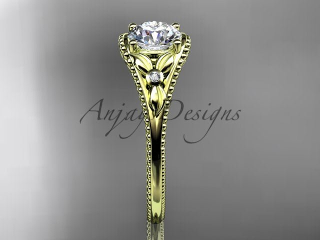 Round lab grown diamond leaf engagement ring in 14k yellow gold