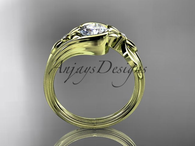 Nature inspired round brilliant lab grown diamond engagement ring in 14k yellow gold