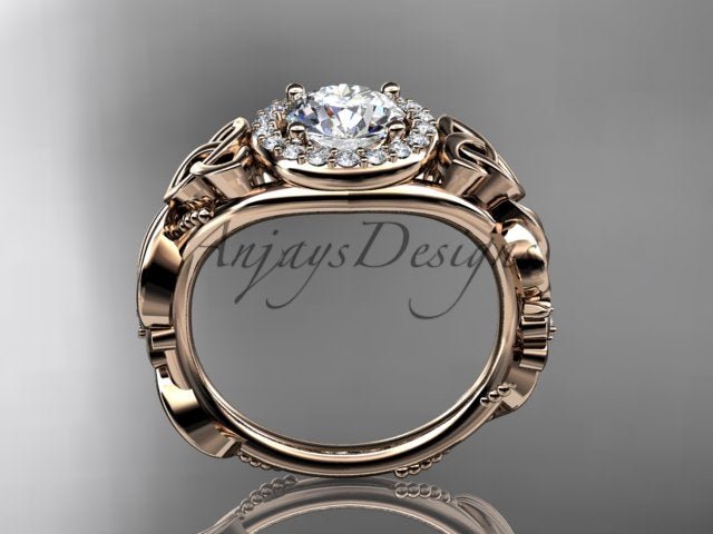1 Carat Round Lab Grown Diamond Ring Celtic Halo Nature Inspired Engagement Ring - AnjaysDesigns
