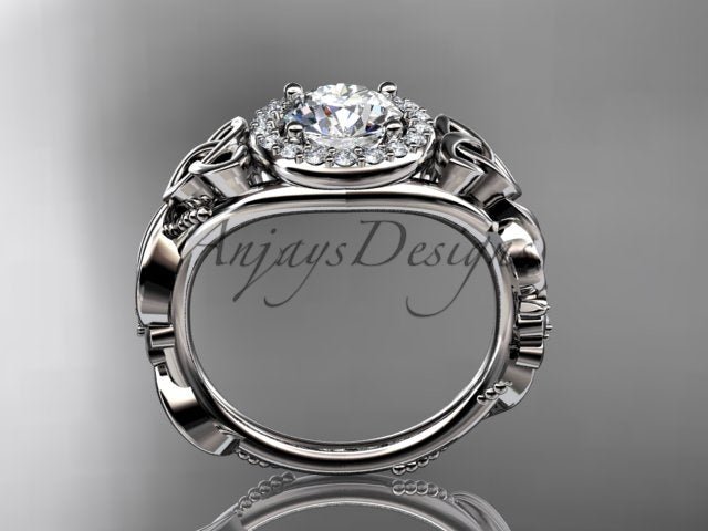 1 Carat Round Lab Grown Diamond Ring Celtic Halo Nature Inspired Engagement Ring - AnjaysDesigns