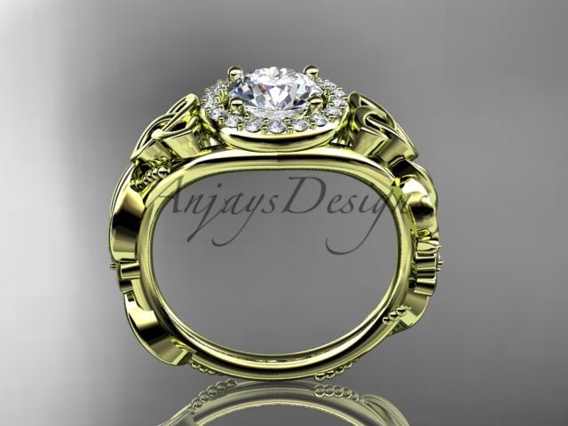 1 Carat Round Lab Grown Diamond Ring Celtic Halo Nature Inspired Engagement Ring - AnjaysDesigns