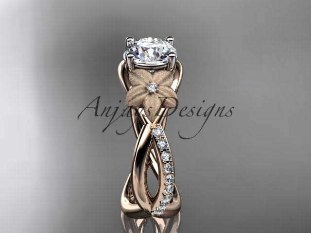 Organic floral engagement ring with 1 carat lab grown diamond in 14k rose gold