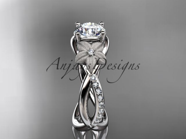 Organic floral engagement ring with 1 carat lab grown diamond in 14k white gold