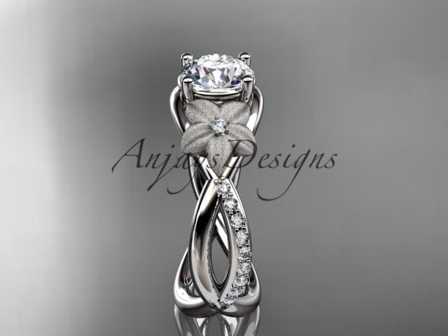 Organic floral engagement ring with 1 carat lab grown diamond in 14k white gold