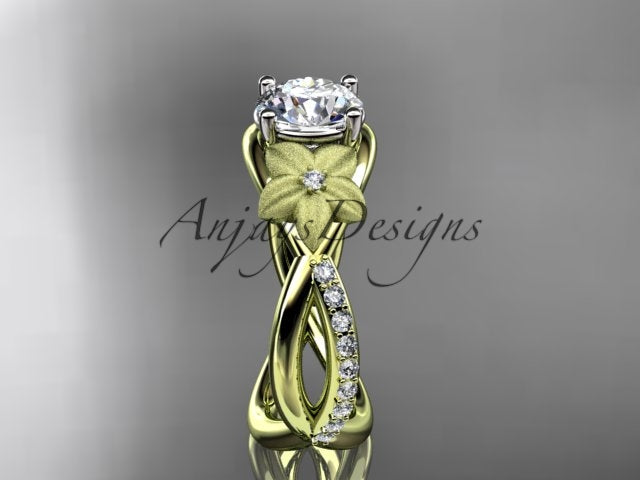 Organic floral engagement ring with 1 carat lab grown diamond in 14k yellow gold