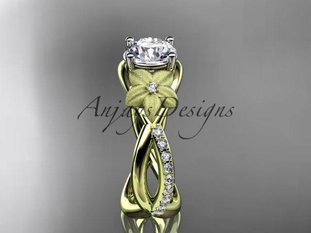 Organic floral engagement ring with 1 carat lab grown diamond in 14k yellow gold