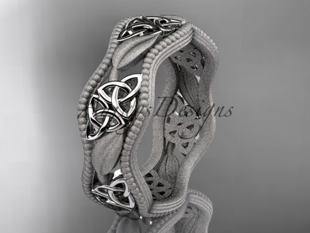 Platinum Celtic wedding band with leaf motifs and trinity knot accents