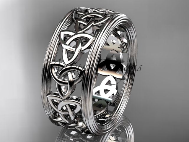 Platinum Celtic wedding band with interlaced trinity knots and polished borders