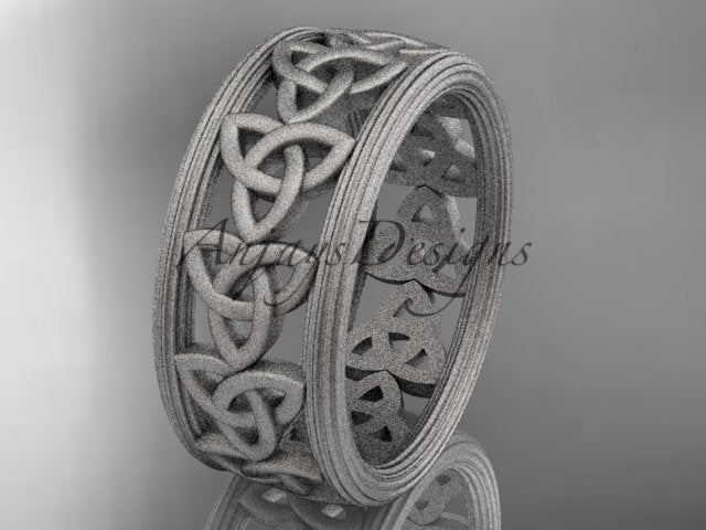 Platinum Celtic wedding band with repeating trinity knot motifs and fine borders