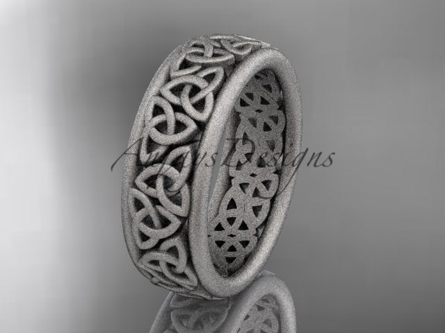 Platinum wedding band with continuous interwoven Celtic knotwork, shown at an angle.